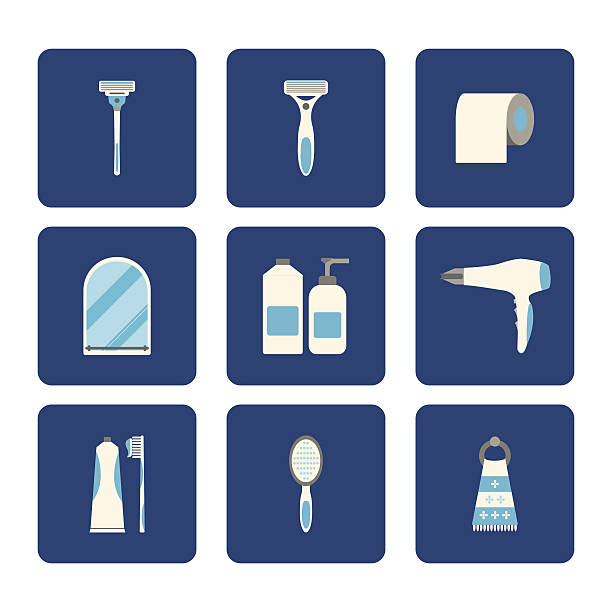 illustrations, cliparts, dessins animés et icônes de icônes de salle de bain plate définies sur fond bleu. illustration vectorielle. - brushing teeth