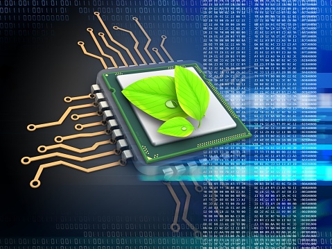 3d illustration of electronic microprocessor over black background with leaves