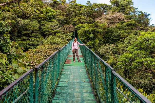 istock Girl walking on hanging bridge in cloudforest - Monteverde 639582896