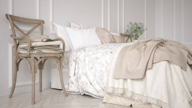 istock Minimalistic classic bedroom, white interior design 639583376