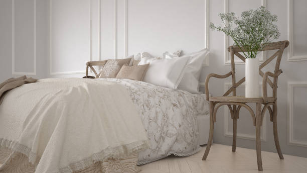 istock Minimalistic classic bedroom, white interior design 639583476