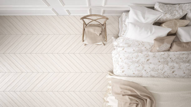 istock Minimalistic classic bedroom, top view, white interior design 639583588