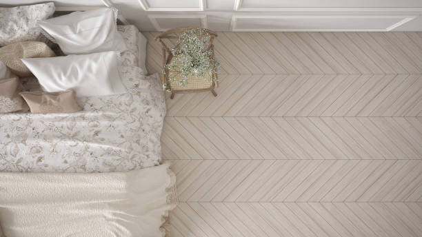 istock Minimalistic classic bedroom, top view, white interior design 639583722