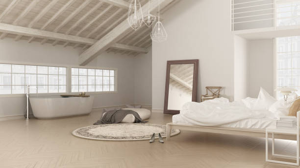istock Scandinavian white bedroom, loft interior design, minimalistic b 639583818