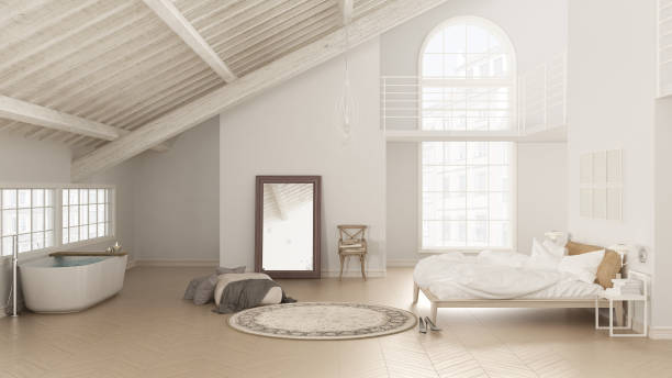 istock Scandinavian white bedroom, loft interior design, minimalistic i 639583942