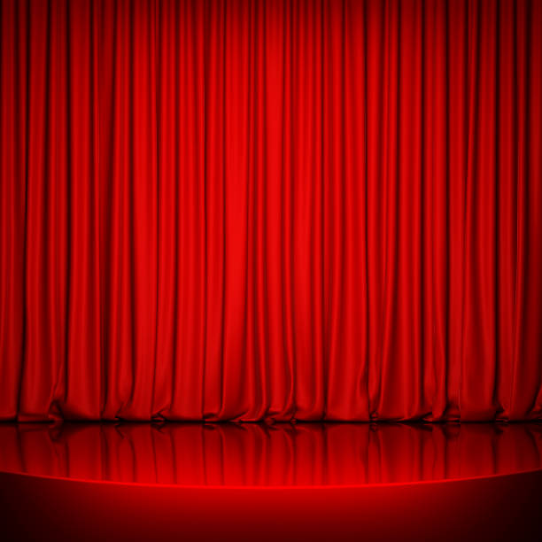 istock Red glossy stage with red curtain 639588318