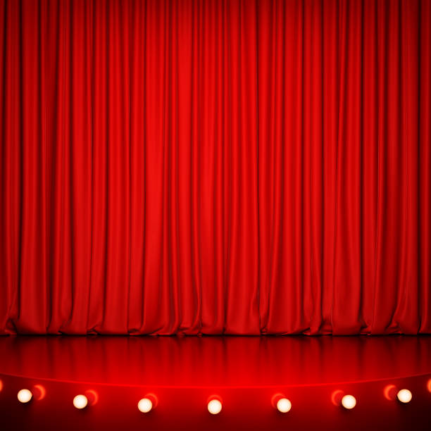 istock Red glossy stage with lighting and red curtain 639588412