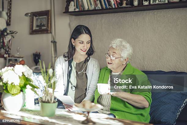 Sozialarbeiterin Ist Eine Ältere Frau Zu Hause Besuchen Stockfoto und mehr Bilder von Heilbehandlung