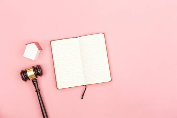 Top view lawyer desk, object on pink background.