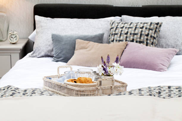 istock Bedroom interior with a breakfast on the bed 639604926