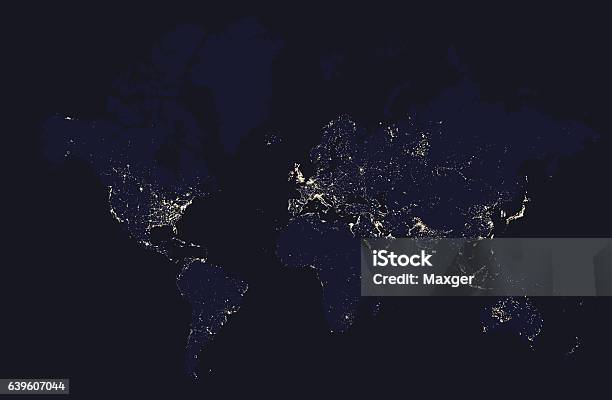 Detaillierte Nachtkarte Der Welt Mit Lichterstädten Stock Vektor Art und mehr Bilder von Weltkarte