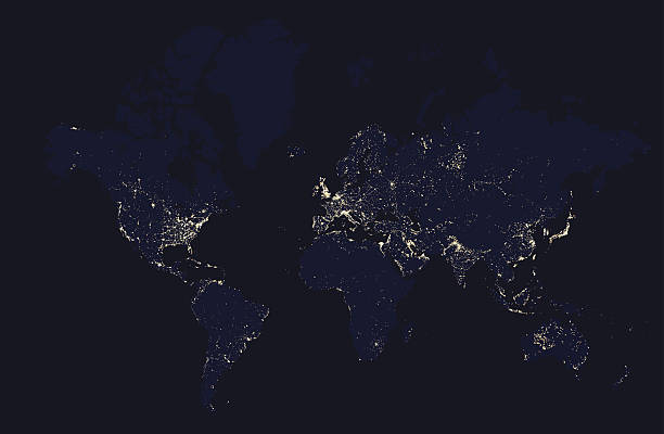 ライト都市と世界の詳細な夜の地図 - 地球 光点のイラスト素材／クリップアート素材／マンガ素材／アイコン素材