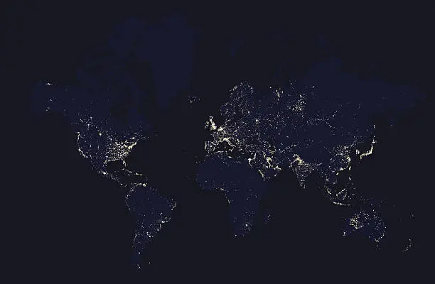 Vector illustration of Detailed night map of the world with lights cities