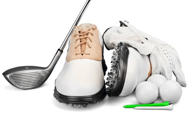 Golf ball Pair of Golf Shoes with Glove, Ball, Tees and Golf Driver golf glove stock pictures, royalty-free photos & images