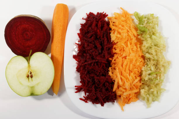 Healthy breakfast, grated apple, carrot and beet