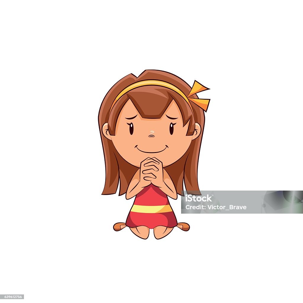 Girl begging Child begging, cute kid, pleading, implore, pray, please, petition, sorry, gesture, kneel, help, hope, cartoon character, female, vector illustration, isolated, white background Praying stock vector