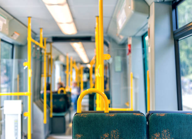 istock Interior of empty modern european city bus 639616632