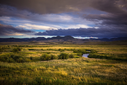 A beautiful Colorado valley, where the Gunnison River is winding across grassland.