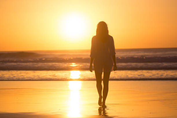 istock Lady walking on sandy beach in sunset. 639619754