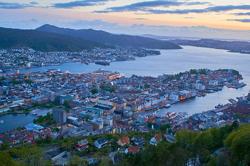 Bergen's sunset from the mountain in springtime. Norway door to the Fjords.