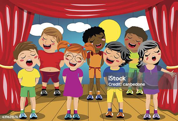 Vetores de Crianças Multiculturais Cantando No Palco Em Peça Da Escola e mais imagens de Adolescente