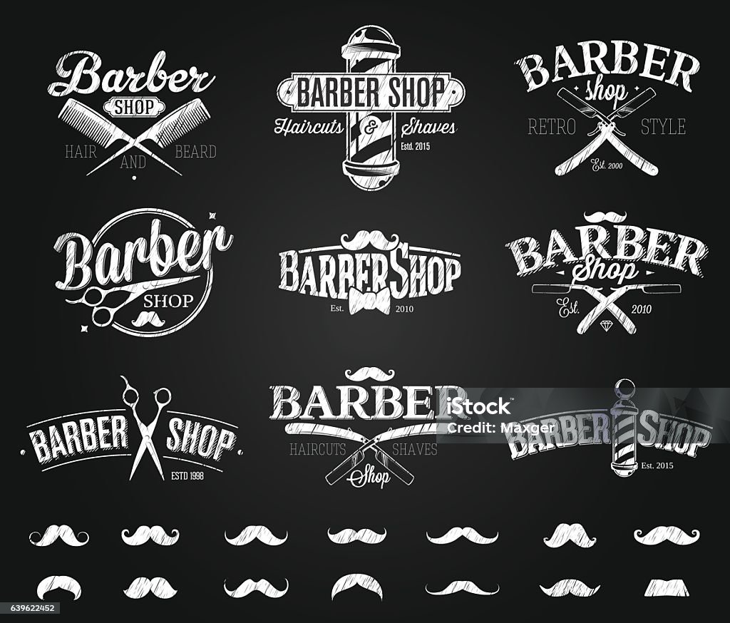 Dessin typographique des emblèmes du salon de coiffure - clipart vectoriel de Barbier - Salon de coiffure libre de droits