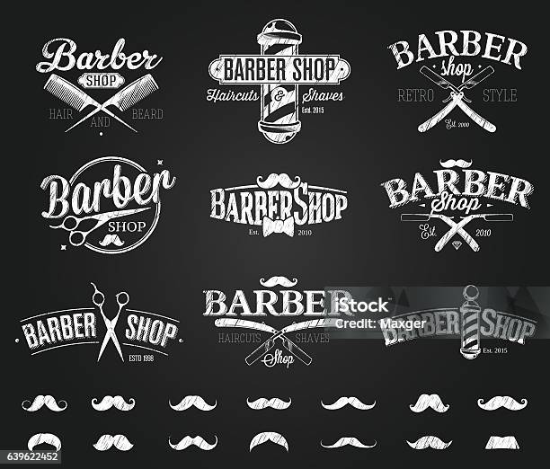 Dessin Typographique Des Emblèmes Du Salon De Coiffure Vecteurs libres de droits et plus d'images vectorielles de Barbier - Salon de coiffure
