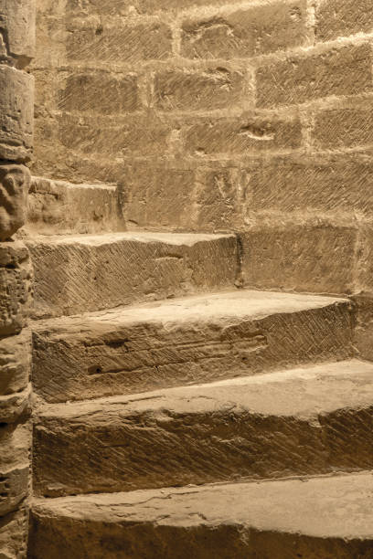 istock Medieval carved stone snail staircase hand 639624830