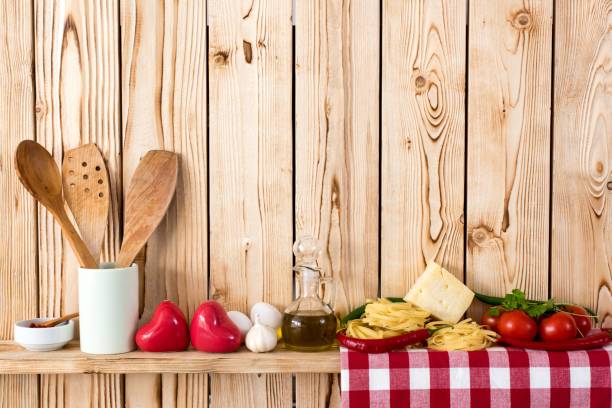 istock Fresh Vegetables And Cooking Utensils On Wooden Shelf 639626888