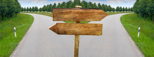 Splitting road blank crossroad wooden blabk signs Splitting road with blank crossroad wooden blabk signs fork in the road stock pictures, royalty-free photos & images