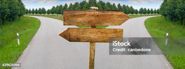 Splitting Road Blank Crossroad Wooden Blabk Signs Stock Photo - Download Image Now - Forked Road, Expertise, Footpath