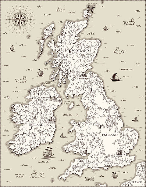 벡터 올드 맵, 영국 - uk map british flag england stock illustrations