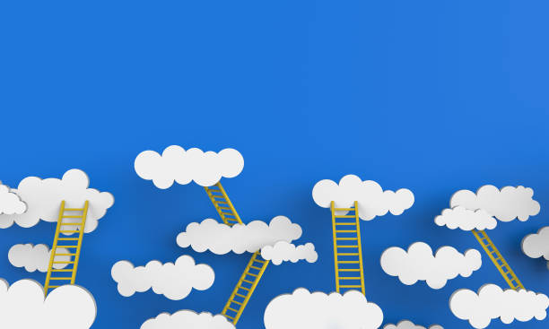 istock Paper clouds white on blue background and yellow stair Concept 639629628