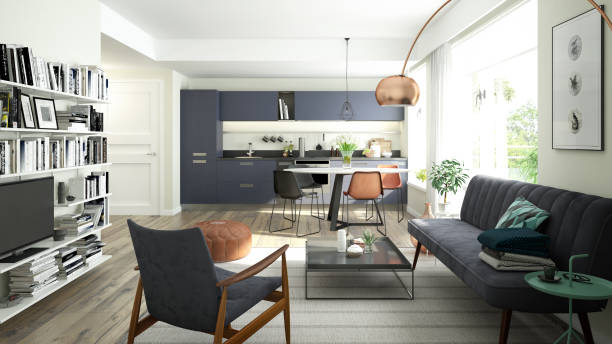 istock Modern living room with an open kitchen 639631478
