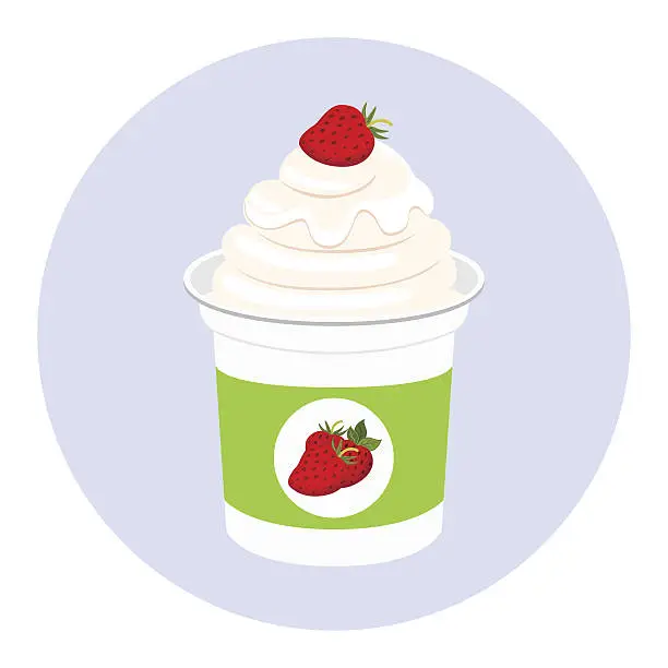 Vector illustration of Strawberry yogurt in plastic cup. Milk cream product. Flat style