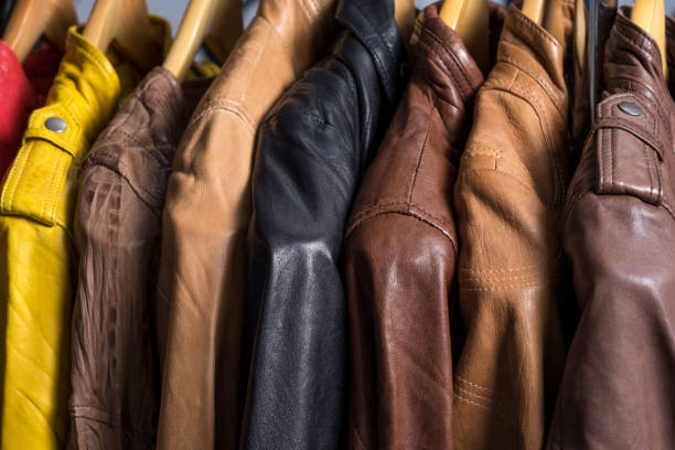 istock Different color leather jacket hanging on rack 639643470