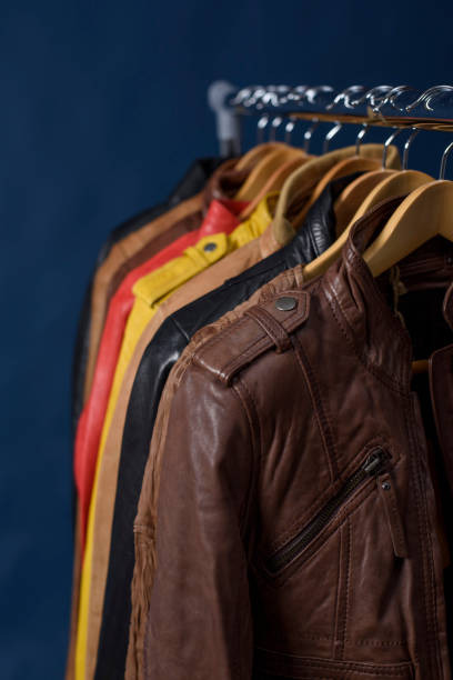 istock Different color leather jacket hanging on rack 639643660