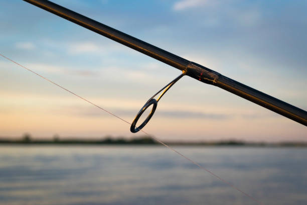 istock Fisherman's spinning rod in the sun and blue sky 639643968