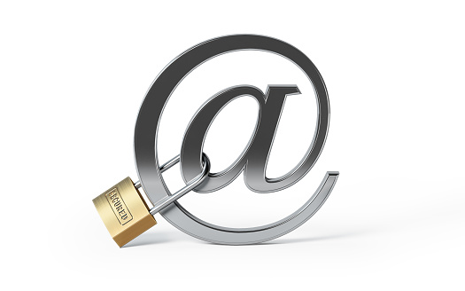 Internet and e mail security concept. Extruded at sign is being protected by  a padlock. Secured text reads on the padlock. Horizontal composition with copy space. Clipping path is included.