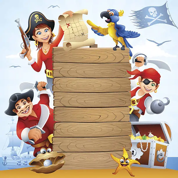 Vector illustration of Funny Pirates with Wooden Sign