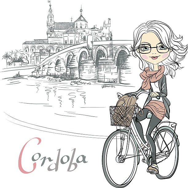 ベクトルかわいい女の子はコルドバで自転車に乗ります - la mezquita cathedral illustrations点のイラスト素材／クリップアート素材／マンガ素材／アイコン素材