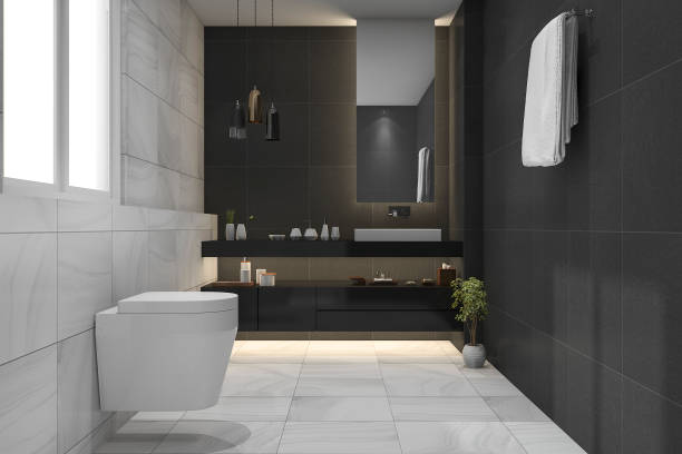 3d rendering bellissimo lusso bagno scuro e servizi igienici - black and white architecture surrounding wall wall foto e immagini stock