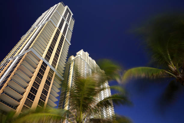 istock Highrise buildings with palms and blue sky 639656396