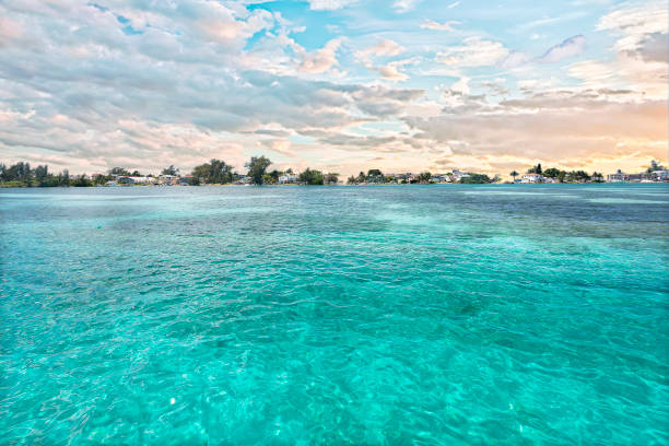 Light blue water sea close up with an island including trees and houses under the cloudy horizon with blue sky