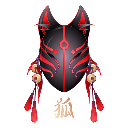 Graphic mask of japanese deamon kitsune drawn in red and black colors isolated on white background. Traditional asian folklore. Translation of the hieroglyph - fox