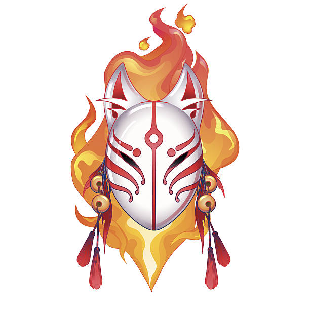 Graphic deamon fox mask Graphic deamon fox mask drawn in red and white colors with fire flame on background. Traditional attribute of japanese folklore fire fox stock illustrations