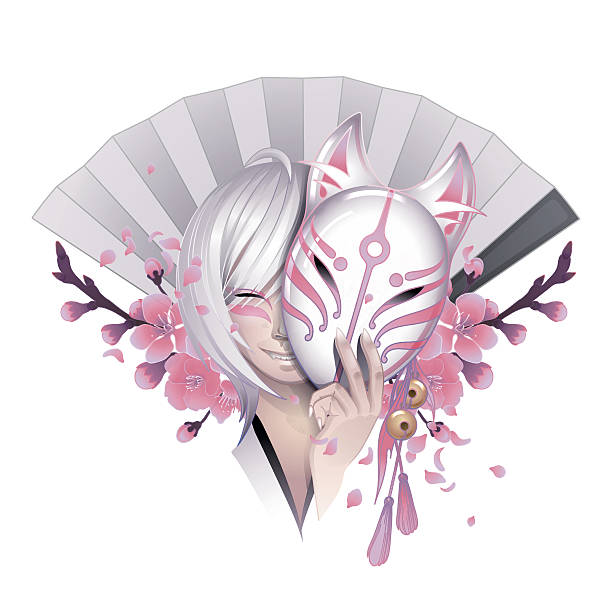 illustrations, cliparts, dessins animés et icônes de renard démon japonais - cherry blossom flower head spring flower