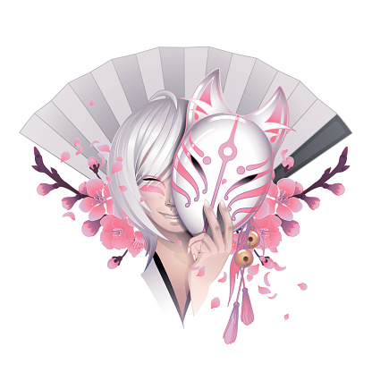Smiling asian girl with gray hairs hiding her face under the japanese deamon fox mask with sakura flowers and traditional fan on background. Can be used as tattoo art, print or t-shirt design