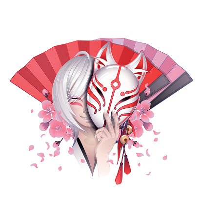 Smiling asian girl with gray hairs hiding her face under the japanese deamon fox mask with sakura flowers and traditional fans on background. Can be used as tattoo art, print or t-shirt design