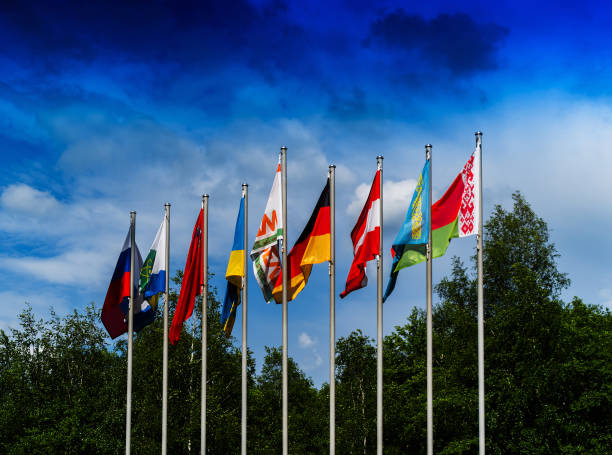 istock Horizontal vivid European flags composition background backdrop 639672728